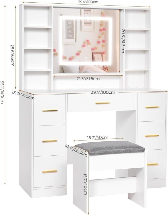 Vanity Desk Table with Lighted Mirror Makeup Vanity with Power Outlet and 7 Drawers & 8 Storage Shelves 3 Lighting Modes