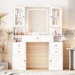 Vanity Desk with Mirror and Lights,White Makeup Vanity Table with Power Strip & LED Lighted Mirror