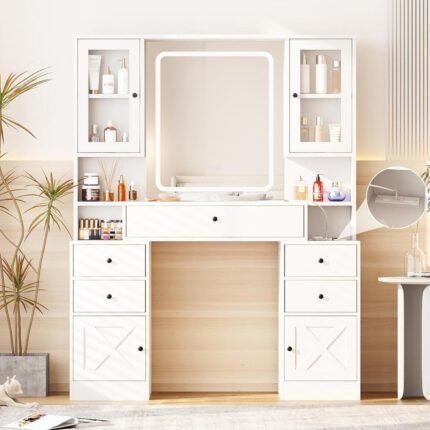 Vanity Desk with Mirror and Lights,White Makeup Vanity Table with Power Strip & LED Lighted Mirror