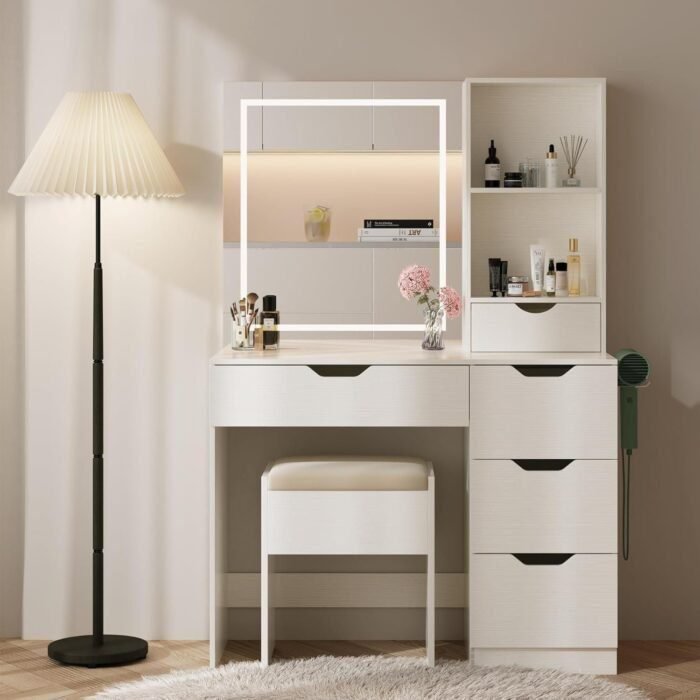 Vanity Desk with LED Lights Mirror & Power Outlet, 3 Lighting Colors Vanity Desk with 5 Drawers, Makeup Vanity Set and Cushioned Stool