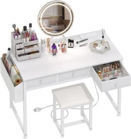 Makeup Vanity Desk with Mirror and Lights, 40 inch Make Up Vanity Desks with Fabric Drawers