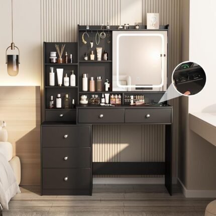 Vanity Desk with Mirror and Lights,Makeup Vanity with 6 Drawers and Shelves, Makeup Desk