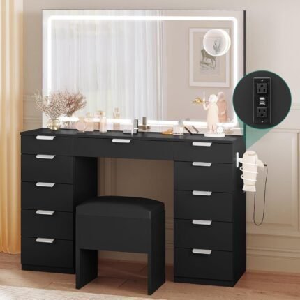 Vanity Desk Set with Large LED Lighted Mirror & Power Outlet, Makeup Vanity Table with 11 Drawers