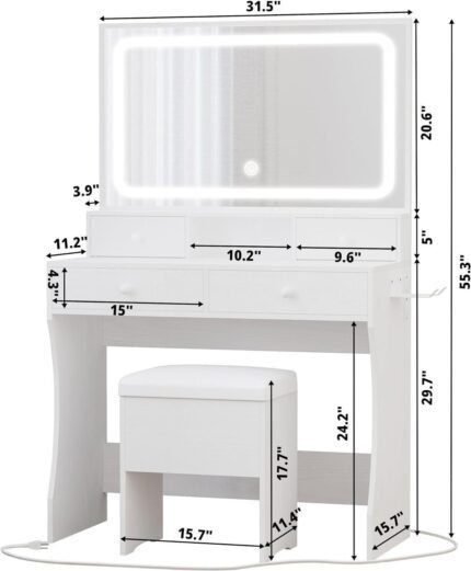 Vanity Desk with LED Lighted Mirror & Power Outlet & 4 Drawers, Makeup Table Set with Storage