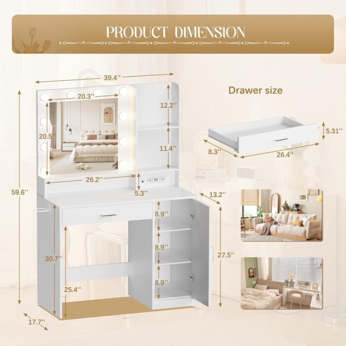 Vanity Desk with LED Lighted Mirror, Makeup Table with Hairdryer Holder and Power Outlet, Dresser with Drawer and Cabinets