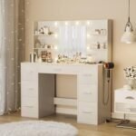 Vanity Desk with Mirror, LED Lights and Power Outlet Makeup Vanity Table with 7 Drawers and 6 Storage