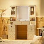 Vanity Desk with Mirror and Lights,White Makeup Vanity Table with Power Strip & LED Lighted Mirror