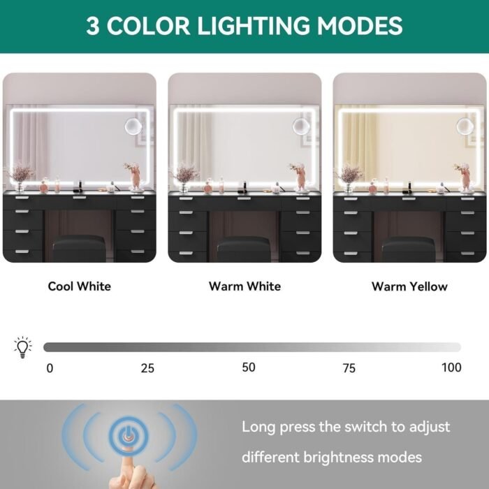 Vanity Desk Set with Large LED Lighted Mirror, Power Outlet & 11 Drawers – Makeup Vanity Table for Bedroom or Dressing Room