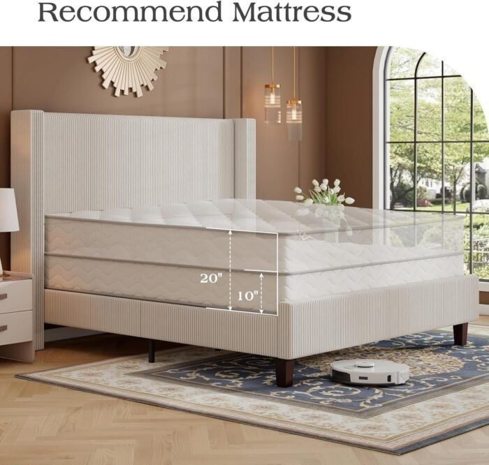 YUMPIE Queen Size Upholstered Platform Bed Frame, 50.8" Corduroy Bed Frame with Wingback Headboard Vertical Tufted