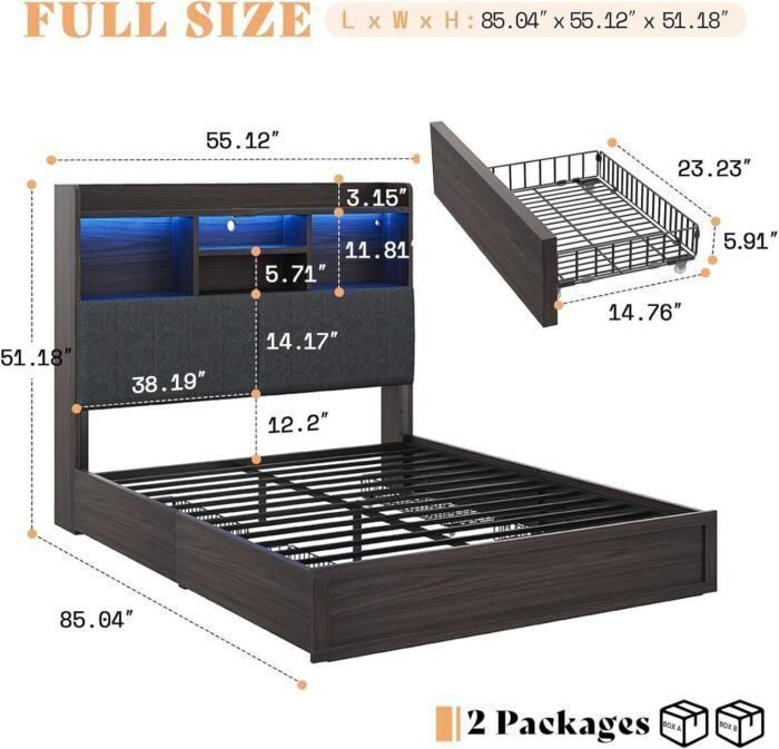 AMERLIFE Full Size Platform Bed with 4 Storage Drawers, LED Bed Frame with Bookcase Headboard