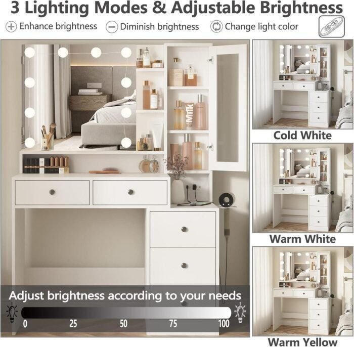 Makeup Vanity Desk with Mirror and Lights,Vanity Table with Power Strip and Lighted Mirror