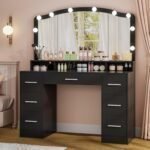 43.3" Vanity Desk with Large Lighted Mirror, Makeup Vanity Table with 7 Drawers & 10 Lights Bulbs, 3 Lighting Colors