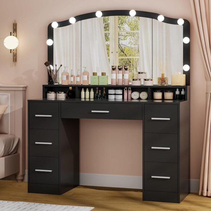 43.3" Vanity Desk with Large Lighted Mirror, Makeup Vanity Table with 7 Drawers & 10 Lights Bulbs, 3 Lighting Colors