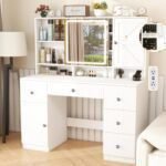 Makeup Vanity Desk with Sliding Lighted Mirror & Power Outlet, 45" Large Vanity with 5 Drawers