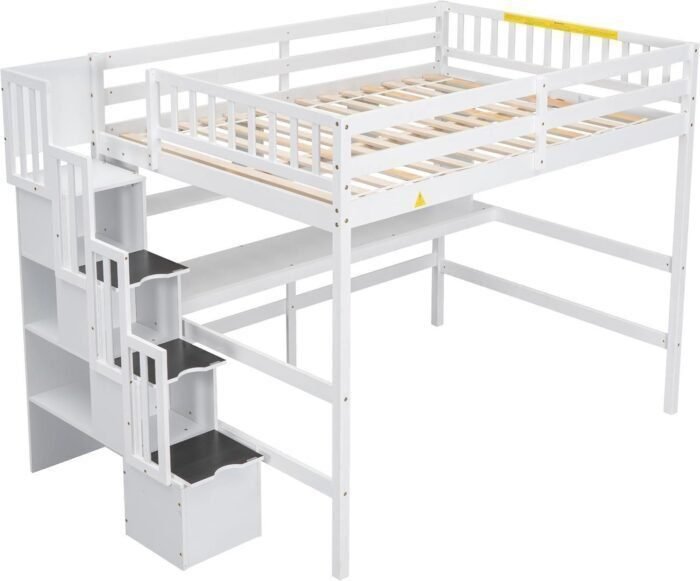 Full Size Loft Bed with Desk & Storage Stairs, Wood Loft Bed Frame with Shelves and Guardrails for Kids, High Loft Beds with Steps