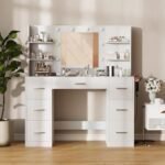 Vanity Desk with Mirror, LED Lights and Power Outlet Makeup Vanity Table with 7 Drawers and 6 Storage