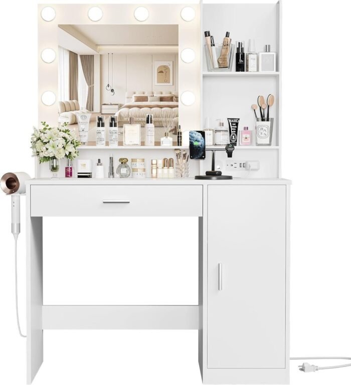 Vanity Desk with LED Lighted Mirror, Makeup Table with Hairdryer Holder and Power Outlet, Dresser with Drawer and Cabinets