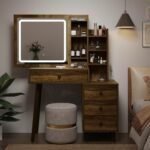 Vanity Desk with Sliding Mirror and LED Lights, Heavy Duty Wooden Makeup Vanity Desk with Hidden Storage Shelves for More Storage Space