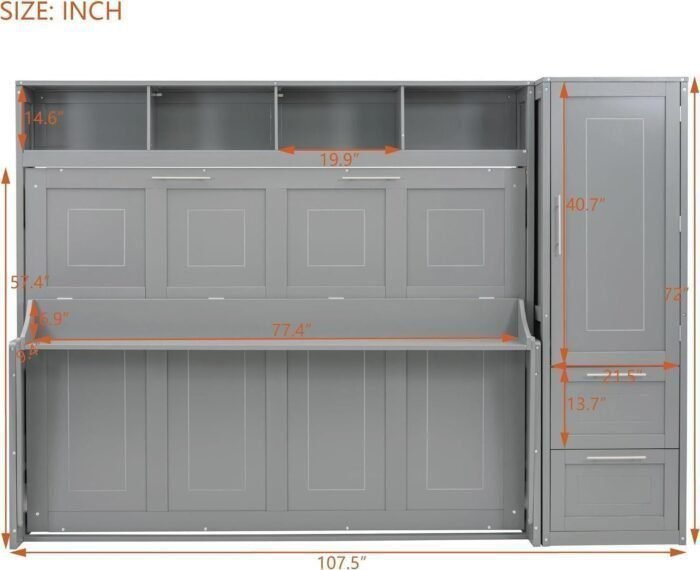 Imisemoh Full Size Murphy Bed with Closet, Two Drawers, Four Built-in Top Shelf, Can be Folded into A Large Cabinet