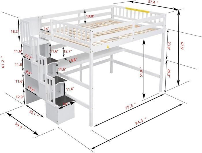 Full Size Loft Bed with Desk & Storage Stairs, Wood Loft Bed Frame with Shelves and Guardrails for Kids, High Loft Beds with Steps