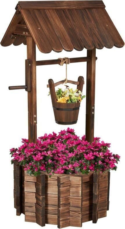 Wooden Wishing Well - Height Adjustable Hanging Bucket, Wishing Well Planter with Reinforced Rod