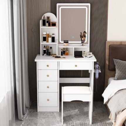 Vanity Set with Rectangular Mirror, Makeup Vanity Dressing Table with 5 Drawers