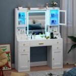 Vanity Desk with Mirror, Lights and Charging Station - Large Makeup Table Set with RGB Cabinets and 3 LED Light Modes