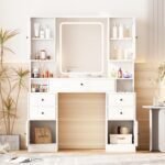 Vanity Desk with Mirror and Lights,White Makeup Vanity Table with Power Strip & LED Lighted Mirror