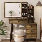 Vanity Desk with Sliding Mirror and LED Lights, Heavy Duty Wooden Makeup Vanity Desk with Hidden Storage Shelves for More Storage Space