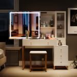 Makeup Vanity Table with Sliding Lighted Mirror, Makeup Dressing Table with 5 Drawers