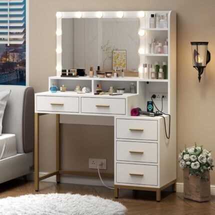 Vanity Desk with Lighted Mirror & Power Outlet, Makeup Table with 5 Drawers, Vanity Dresser with 11 Lights in 3 Lighting Colors