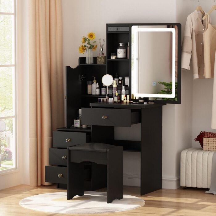 Vanity Mirror with Lights Desk and Chair, Vanity Desk with Sliding Lighted Mirror, Makeup Vanity with Lights