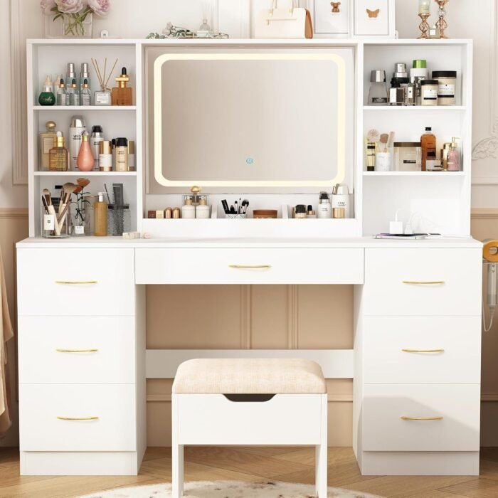 47" Large Vanity Desk with Mirror and Lights, LED White Vanity Set with Stool and Power Outlet