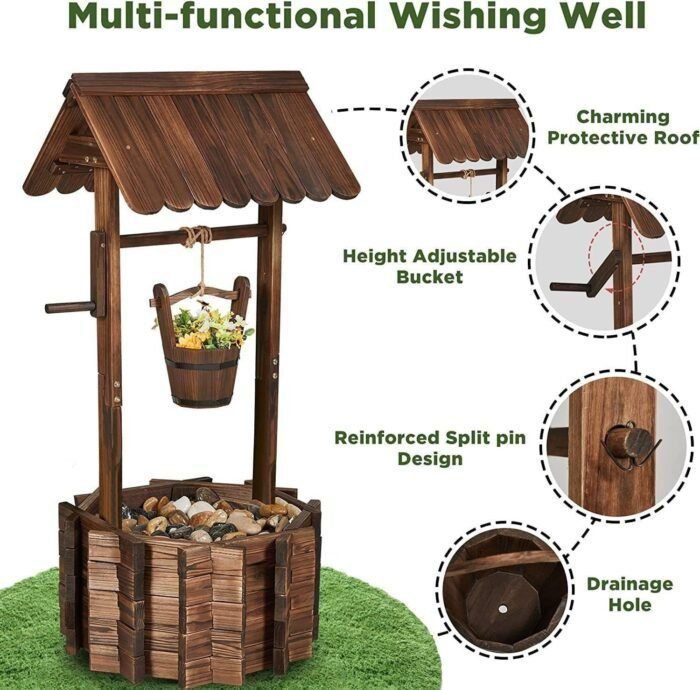 Wooden Wishing Well - Height Adjustable Hanging Bucket, Wishing Well Planter with Reinforced Rod