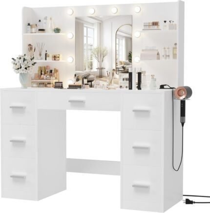 Vanity Desk with Mirror, LED Lights and Power Outlet Makeup Vanity Table with 7 Drawers and 6 Storage