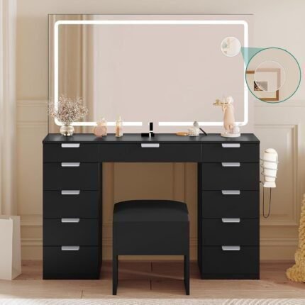 Vanity Desk Set with Large LED Lighted Mirror & Power Outlet, Makeup Vanity Table with 11 Drawers