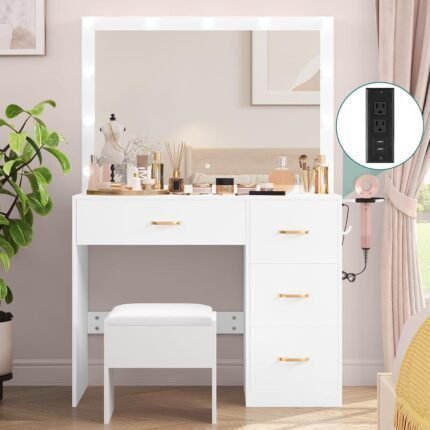 Vanity Desk Set with Large Lighted Mirror & Power Outlet, 3 Color Lighting Modes