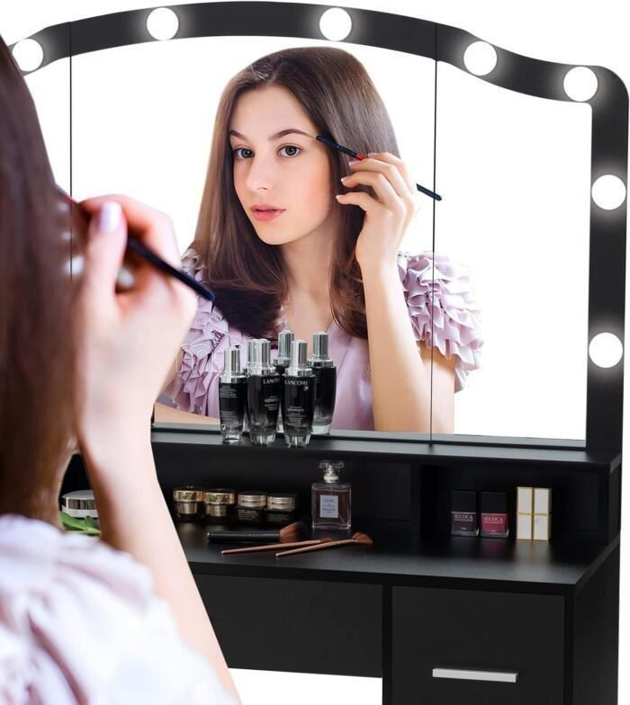 43.3" Vanity Desk with Large Lighted Mirror, Makeup Vanity Table with 7 Drawers & 10 Lights Bulbs, 3 Lighting Colors