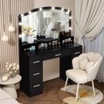 43.3" Vanity Desk with Large Lighted Mirror, Makeup Vanity Table with 7 Drawers & 10 Lights Bulbs, 3 Lighting Colors