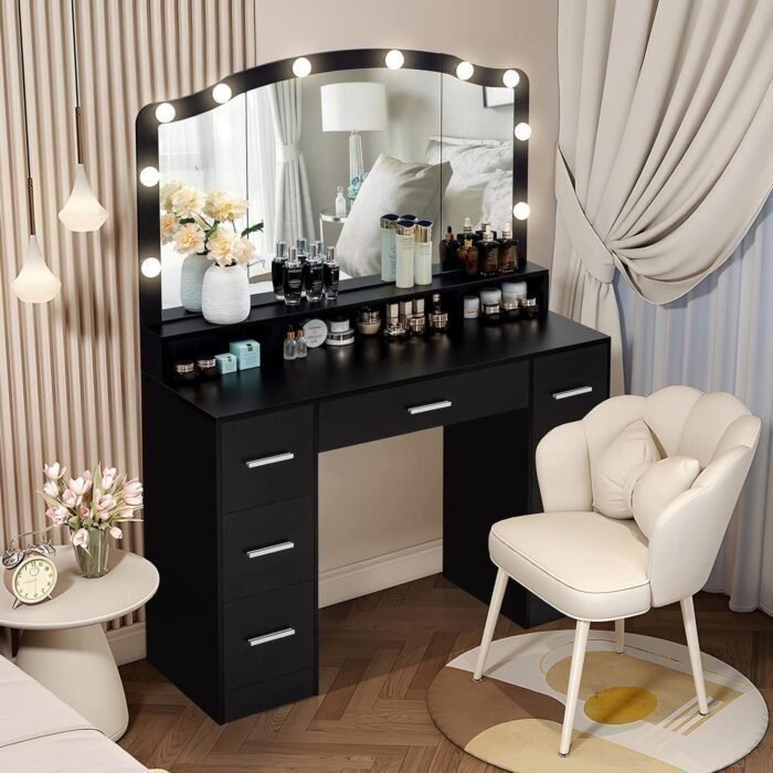 43.3" Vanity Desk with Large Lighted Mirror, Makeup Vanity Table with 7 Drawers & 10 Lights Bulbs, 3 Lighting Colors