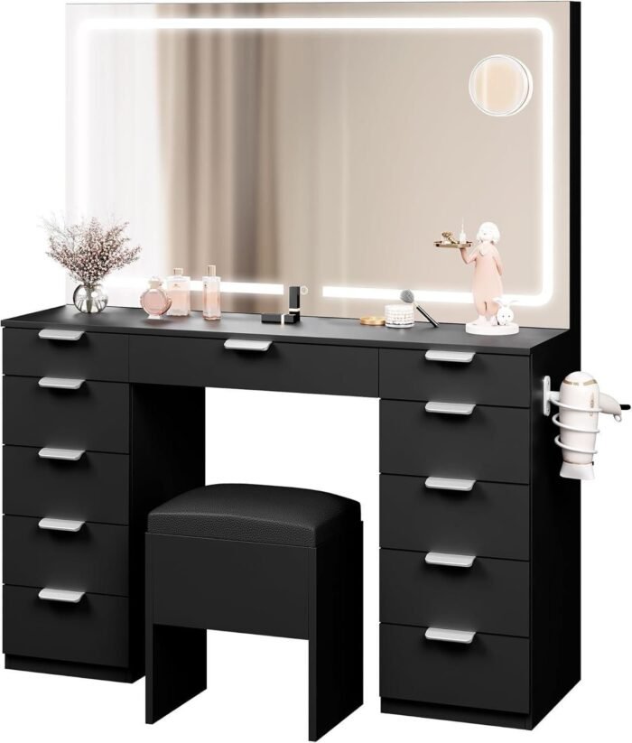 Vanity Desk Set with Large LED Lighted Mirror, Power Outlet & 11 Drawers – Makeup Vanity Table for Bedroom or Dressing Room