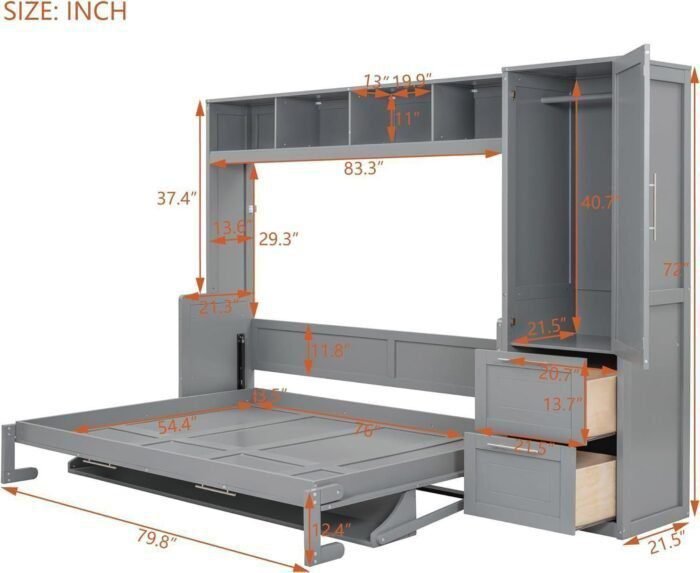 Imisemoh Full Size Murphy Bed with Closet, Two Drawers, Four Built-in Top Shelf, Can be Folded into A Large Cabinet