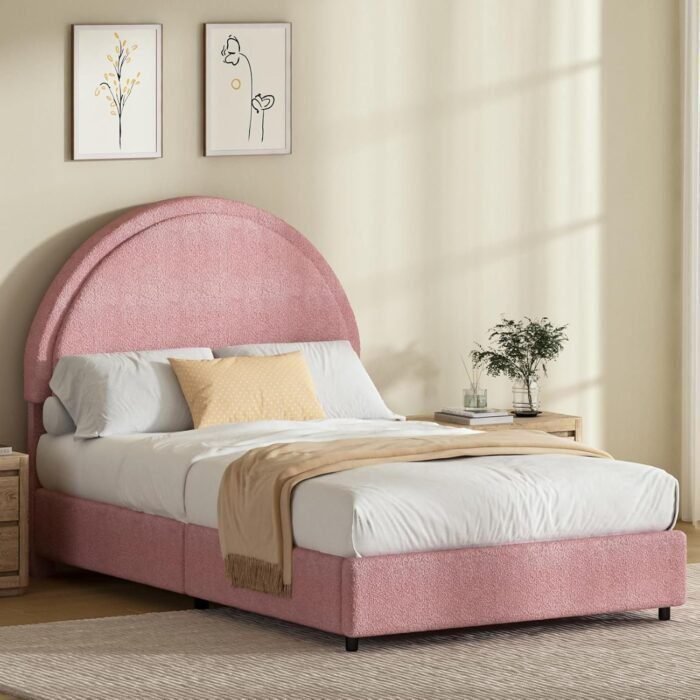 REVOMINCA Pink Twin Size Bed Frame, Boucle Upholstered Platform Bed Frame with Headboard, Modern Style