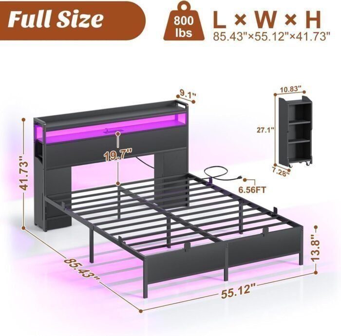 Unikito Full Size Bed Frame with LED Light and Bookcase Storage Headboard