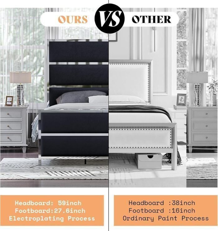 AMERLIFE Queen Bed Frame, Velvet Upholstered Bed with Silver Trim Headboard & Footboard