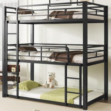 Heavy Duty Triple Bunk Bed Twin Over Twin Over Twin, 3 Bunk Bed with 2 Ladder and Guardrail