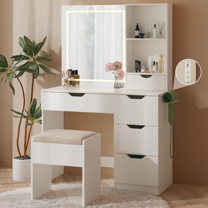 Vanity Desk with LED Lights Mirror & Power Outlet, 3 Lighting Colors Vanity Desk with 5 Drawers, Makeup Vanity Set and Cushioned Stool