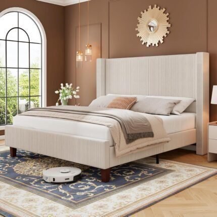 YUMPIE Queen Size Upholstered Platform Bed Frame, 50.8" Corduroy Bed Frame with Wingback Headboard Vertical Tufted