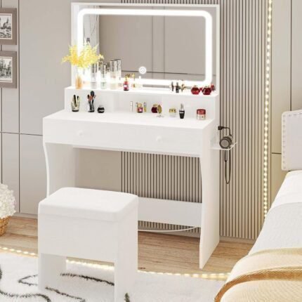 Vanity Desk with LED Lighted Mirror & Power Outlet & 4 Drawers, Makeup Table Set with Storage