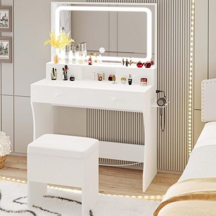 Vanity Desk with LED Lighted Mirror & Power Outlet & 4 Drawers, Makeup Table Set with Storage